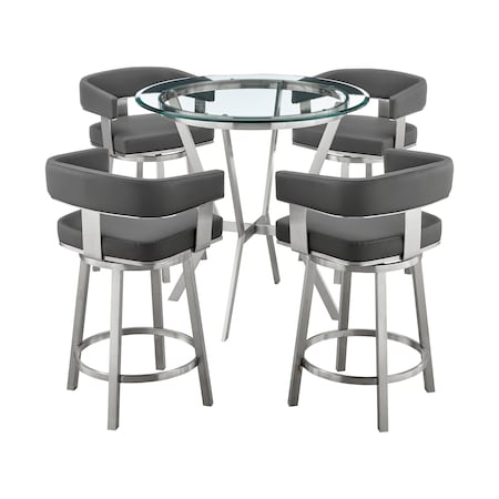 Armen Living Naomi and Lorin 5-Piece Counter Height Dining Set in Brushed Stainless Steel and Gray Faux Leather SETNMLRGRBS5